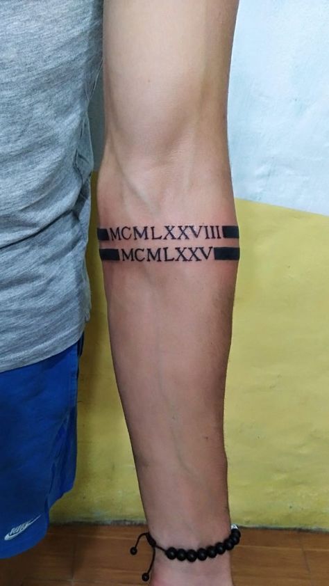 Mens Bracelet Tattoo For Men, Roman Numeral Arm Band Tattoo, Birthday Tattoo Men, Arm Band Tattoos For Men, Haiti Tattoo, Tattoos Christian, Justin Tattoo, Tattoo Bear, Bracelet Tattoo For Man