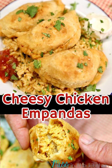 Cheesy Chicken Empanadas are crispy fried pastries filled with a cheesy chicken filling for a delicious dinner or appetizer. Empanada Filling, Chicken Empanada, Homemade Empanadas, Chicken Empanadas, Homemade Coleslaw, Empanadas Recipe, Chicken Dinners, Homemade Salsa, Cheesy Chicken