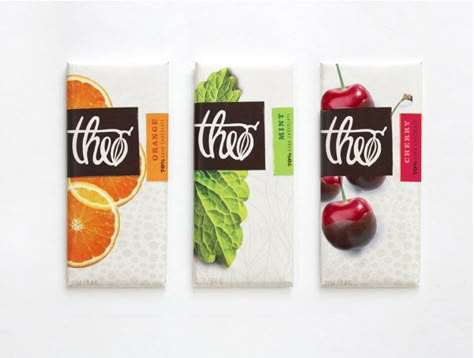 Theo Chocolate by Ashley Flanagan, via Behance Ingredients Packaging Design, Modern Packaging Design, Chocolate Packaging Design, Behance Design, Fruit Packaging, Juice Packaging, Postal Vintage, Dessert Packaging, Chocolate Company