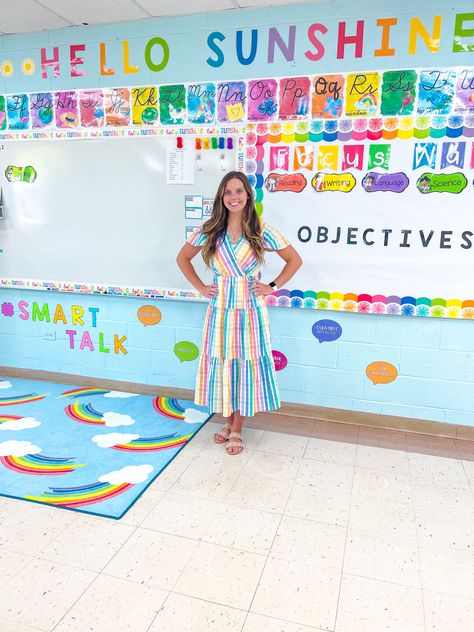 Bright Classroom Themes Elementary, Rainbow Pre K Classroom, Rainbow Classroom Decor Ideas, Rainbow Theme Classroom Decorations, Sunshine And Rainbows Classroom Theme, Classroom Themes Rainbow, Preschool Rainbow Theme Classroom, Bright Colored Classroom Theme, You Are My Sunshine Classroom Theme