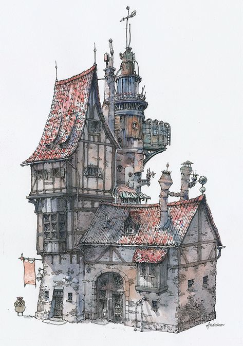 Fantasy watercolor building painting, realistic detailed watercolor building architecture. Building Studies Drawing, Fantasy Architecture Sketch, Watercolor Fantasy Illustration, Detailed Building Drawings, Cool Buildings To Draw, Fantasy Buildings Architecture, Arcitature Art, Fantasy Building Drawing, Fantasy Architecture Drawing