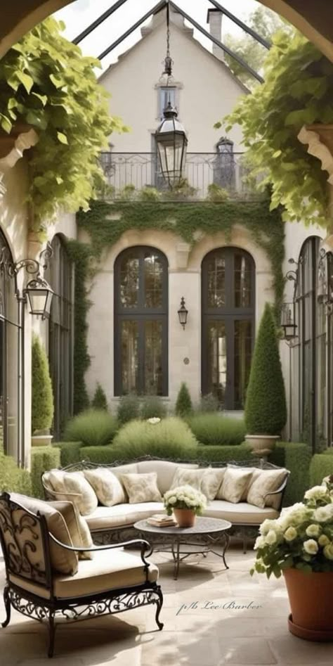 French Modern Patio, French Chateau Patio, French Patio Ideas, French Outdoor Patio, French Backyard, Large Glass Doors, Classic Outdoor Furniture, Small Zen Garden, Country Patio