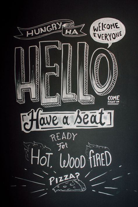 Restaurant Board Ideas, Wall Chalk Art, Restaurant Chalkboard Ideas, Chalk Wall Ideas, Murals Restaurant, Restaurant Board, Woodfire Pizza, Chalkboard Restaurant, Chalk Typography