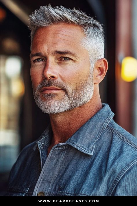 A distinguished older man with a well-groomed salt-and-pepper beard and hair styled in a Classic Taper Cut, a popular choice among short hairstyles for older men. His short, textured hair is neatly combed back, emphasizing a timeless, refined look perfect for men over 50. The image showcases the sharp, clean lines of his haircut, enhancing his mature, confident appearance. Handsome 50 Year Old Men, Men’s Fades, Men's Short Hairstyles, Hairstyles Men Short, Realtor Headshots, Masculine Man, Older Men Haircuts, Short Fade Haircut, Older Mens Hairstyles