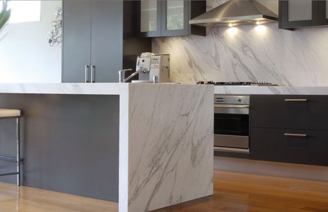 waterfall kitchen island - grey on side Waterfall Countertop, Marble Kitchen Island, Modern Minimalist Kitchen, Web Ideas, Small Bedroom Remodel, Marble Countertops Kitchen, Interior Design Minimalist, Herringbone Wood Floor, Kitchen Benches