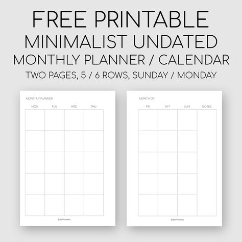 Free Printable Minimalist Monthly Planner / Undated Calendar - Month on Two Pages #free #printable #monthlyplanner #minimalist #planner #printables #monthly #undated #calendar #insert #plannerinsert A5 Stalogy Layout, Two Page Monthly Planner Printable Free, B6 Planner Printables Free, Free Pocket Planner Printables, A6 Printables Free, A5 Calendar Printable Free, A6 Planner Printables Free, Undated Monthly Planner Printables Free, Free A6 Planner Printables