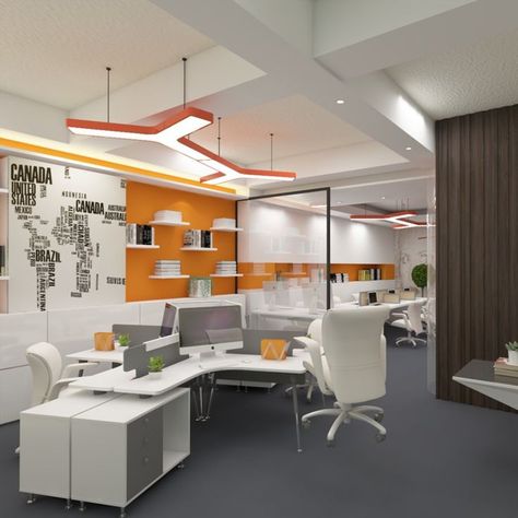 This modern contemporary office space gives your interior a slightly more regal aesthetic with a stunning combo of white with energetic bright orange that symbolize a balance between productivity and stimulates activity that offer fun and joy within a office space. Orange color creates a focal point in this creative office space and adding natural and artifical decor to give it a brand new look. Orange Office Design, Orange Office Decor, Green Office Decor, Regal Aesthetic, Modern Contemporary Office, Contemporary Office Space, Orange Office, Office Space Ideas, Open Space Office