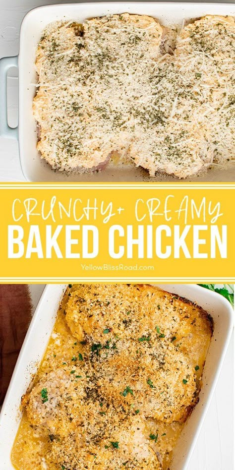 Creamy Baked Chicken is a simple chicken recipe with cream cheese, mayo and Parmesan to keep it moist, and a crispy breadcrumb finish. Chicken Recipe With Cream Cheese, Chicken Recipes With Cream Cheese, Creamy Baked Chicken, Chicken Breast Oven Recipes, Stuffed Chicken Breast Cream Cheese, Chicken And Cheese Recipes, Recipe With Cream Cheese, Oven Baked Chicken Breasts, Chicken Breast Recipes Baked