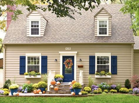 Tan House, House Shutters, Blue Shutters, House Exterior Colors Schemes, Cape Cod House, Exterior Color Schemes, Exterior Paint Colors For House, Front Door Colors, Windows Exterior