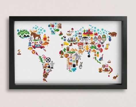 World Map Cross Stitch, Map Cross Stitch Pattern, Cross Stitch Map, Map Embroidery, Map Cross Stitch, Needlecraft Patterns, Pattern Printable, Beautiful Cross Stitch Pattern, Map Of The World