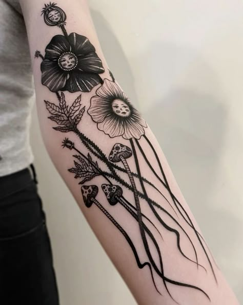 Dark Color Traditional Tattoo, Goth Garden Tattoo, Small Pentagram Tattoo, Traditional Surrealism Tattoo, Flowers With Faces Tattoo, Dark Botanical Tattoo, Moon Cover Up Tattoo, Black Line Work Tattoo, Dark Nature Tattoo