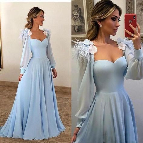 Arabic Party, Sky Blue Prom Dress, Feather Prom Dress, Gowns Plus Size, Chiffon Party Dress, Evening Dresses Online, Gown Plus Size, Marine Uniform, Long Sleeve Prom