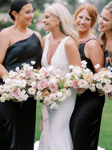 Black Bridesmaid Dresses Spring Wedding, Wedding Flowers For Black Dresses, Black And White Wedding Theme With Pop Of Color, White Blush And Black Wedding, Black Spring Bridesmaid Dresses, Black Garden Wedding, Black White Spring Wedding, Bouquet Black Dress, Black Dresses Bridesmaids