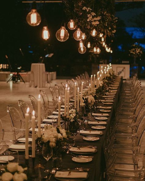 Stringed lights going parallel to the table. Good lighting after dark. Wedding Table Lighting, Long Table Wedding, Wedding Candles Table, Wedding Reception Lighting, Indoor Wedding Receptions, Romantic Wedding Receptions, Indoor Reception, Romantic Candles, Fancy Wedding