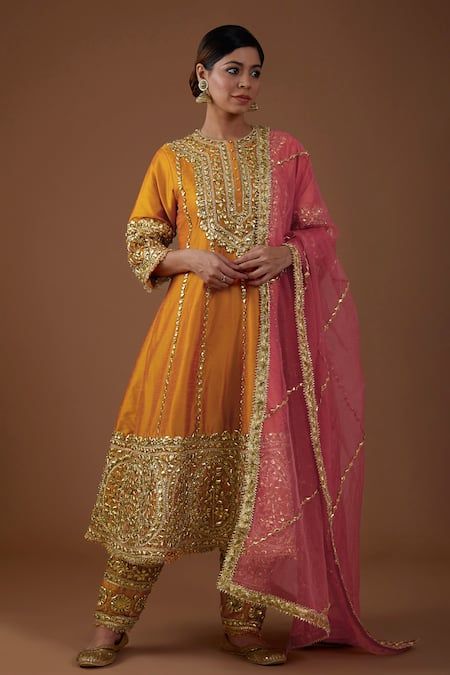 Buy Gold Anarkali And Salwar Dupion Silk Embellishment Gota Round Set For Women by Preeti S Kapoor Online at Aza Fashions. Long Dresses Indian Style Anarkali Suits, Pleated Salwar, Gold Anarkali, Contrast Dupatta, Dupatta Embroidery, Mehndi Dress, Long Anarkali, Indian Women Fashion, Desi Wedding Dresses