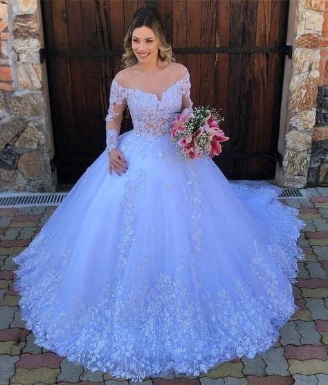 Princess Ball Gowns Wedding Dress, Blue Wedding Dress, Long Sleeve Wedding Gowns, Fancy Wedding Dresses, Floral Wedding Dress, Fancy Wedding, White Princess, Princess Ball Gowns, Jewel Neckline