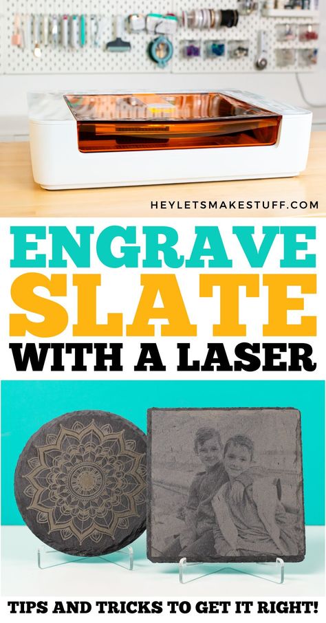 Your laser can work with so many more materials than just wood and acrylic! Learn all my tips and tricks to engrave slate with a laser and get a free set of engraving files for your laser! Glowforge Aura, Library Artwork, Xtool Projects, Xtool F1, Diy Laser Engraver, Diy Laser Cut, Glow Forge, Engraving Ideas, Wood And Acrylic