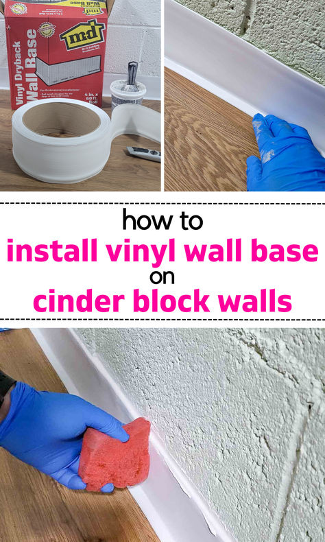 Learn how to install vinyl wall base on cinder block walls (basement walls or garage walls). This is an easy DIY project that doesn't require any special tools and is very budget-friendly. Read all the tips, see the list of tools, and see the step by step pictures for how to improve your basement or garage on a budget! Block Wall Basement Ideas, Painted Cinder Block Basement, Painted Cement Block Walls, Easy Basement Wall Covering, Cinder Block Wall Basement, Unfinished Wall Ideas, Cinder Block Basement Makeover, Basement Unfinished Ideas, Basement Block Wall Ideas