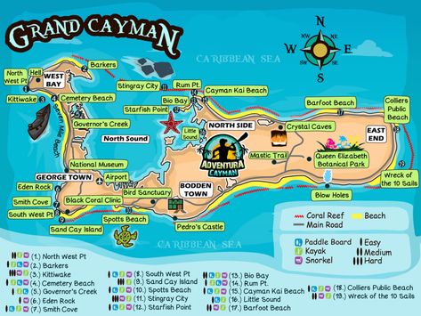 Find the best Things to do in Grand Cayman - Map of Grand Cayman Georgetown Grand Cayman, Grand Cayman Island, Cayman Island, Adventure Map, Grand Cayman, Caribbean Cruise, Interactive Map, Caribbean Sea, Cozumel