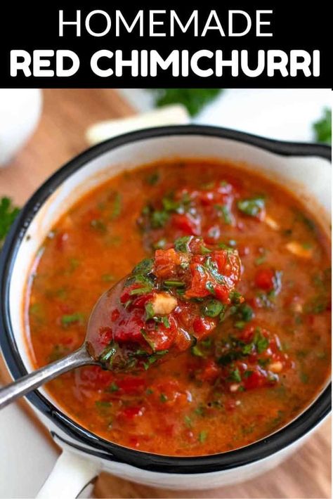 In this Red Chimichurri Sauce Recipe (or Chimichurri Rojo), we use the base of a typical chimichurri and add some fun extra elements to make it red! Flavored with roasted bell peppers and paprika, you are going to love the fun flavors this recipe brings to dinner. Roasted Red Bell Pepper Recipes, Red Chimichurri Sauce, Red Chimichurri, Sweet Pepper Recipes, Roasted Bell Peppers, Chimichurri Sauce Recipe, South American Recipes, Chimichurri Recipe, American Recipes