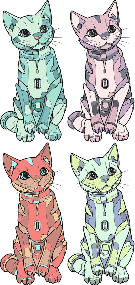 Embrace the robotic revolution and AI with these colorful catbots. Metallic whiskers and robotic cats - the future is meow! #catbots #cats #colorexplosion #cybercat #futuristicfelines #furryfriends #catlovers Robot Cat Concept Art, Robot Cat Art, Robot Cat Drawing, Steel Defender, How To Draw Ears, Robot Cat, Toy Robot, Robot Parts, Robot Concept