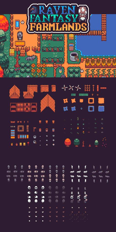 Top Down Farmlands Tileset Pixel Art Top Down Pixel Game, Farm Pixel Art, Pixel Art Characters 64x64, Tileset Pixel Art, Pixel Tileset, Pixel Art Map, Top Down Pixel Art, Pixel Art Tileset, Pixel Rpg Games