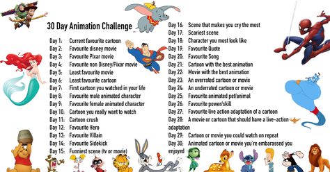 30 day challenge for all things animated - cartoons and animated films Animation Challenge, 30 Day Drawing Challenge, Pixar Movies, Day Challenge, Make You Cry, 30 Day Challenge, Animated Cartoons, Cartoon Shows, Drawing Challenge