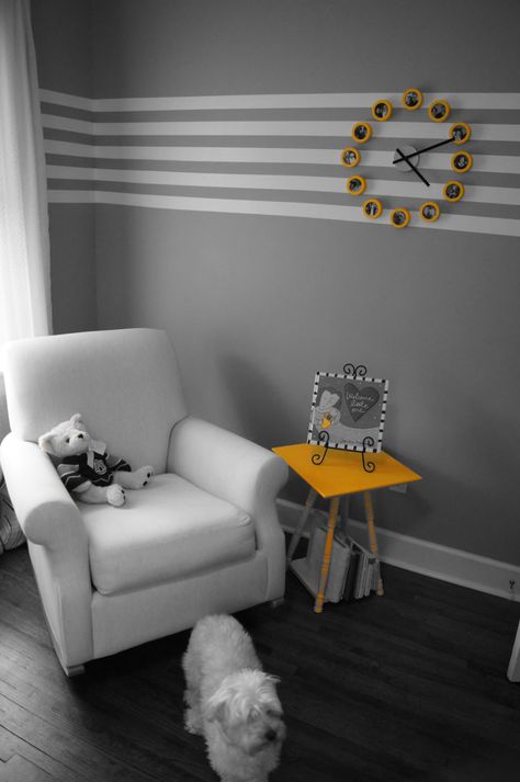 The Humble Abode: Baby B's Yellow and Grey Nursery Reveal Hiasan Bilik Tidur, Room Wall Painting, Striped Walls, Bedroom Wall Designs, Bedroom Wall Paint, Yellow Bedroom, Wall Paint Designs, Chair Rail, Bedroom Paint