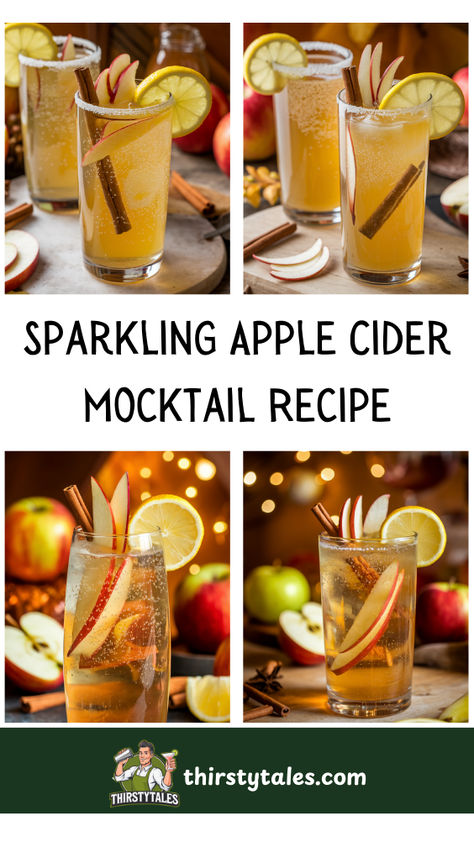 "Discover the perfect Sparkling Apple Cider Mocktail recipe for your next  gathering! This non-alcoholic sparkling apple cider drink is a refreshing  blend of crisp flavors, making it an ideal choice for any festive occasion.  Enjoy the delightful Apple Cider Fizz Mocktail that captures the essence of  autumn with every sip. Our easy Sparkling Apple Cider Mocktail is not only  delicious but also a great alternative to traditional cocktails!" Mocktail With Apple Cider, Sparkling Apple Cider Mocktail Non Alcoholic, Mocktail Apple Cider, Sparkling Apple Cider Mocktail Recipe, Apple Cider Non Alcoholic Drinks, Sparkling Cider Mocktail Non Alcoholic, Apple Cider Mocktail Recipe, Apple Cider Mocktail Non Alcoholic, Non Alcoholic Drinks For Fall