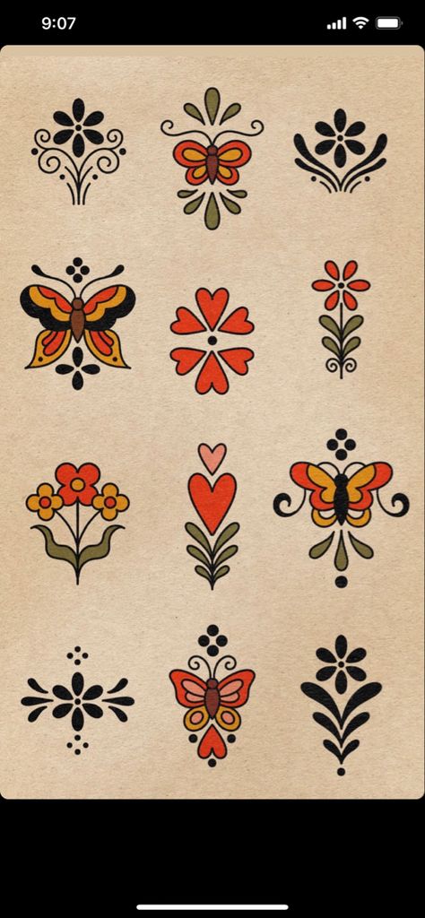 Dutch Folk Art Tattoo, Pennsylvania Dutch Tattoo, British Traditional Tattoo, American Trad Patchwork, Traditional Tattoo Embroidery, Folky Tattoo, Folk Art Tattoo Black, Folk Art Flowers Tattoo, Traditional Tattoo Flowers Black