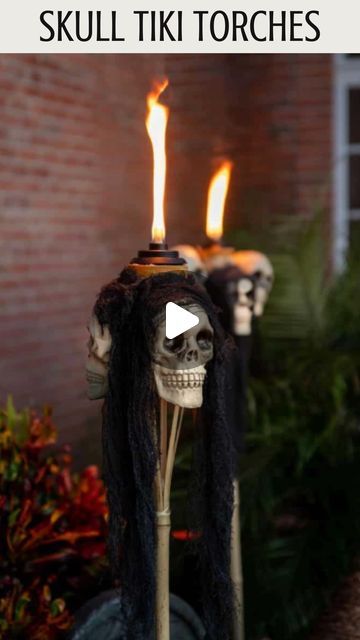 Skull Tiki Torch Diy, Tiki Torches Diy, Torches Diy, Creepy Skull, Outdoor Torches, Bamboo Outdoor, Dollar Store Halloween, Tiki Torches, Skull Halloween