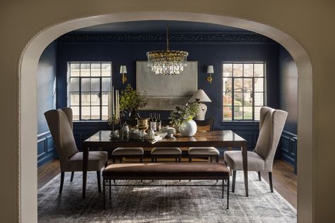 Deep blue color drenched in a formal dining room with crystal chandelier Dining Room With Crystal Chandelier, Blue Dining Room, Butler’s Pantry, Dining Room Blue, Tudor Style Homes, Tudor Style, Built In Bookcase, Butler's Pantry, Virtual Design