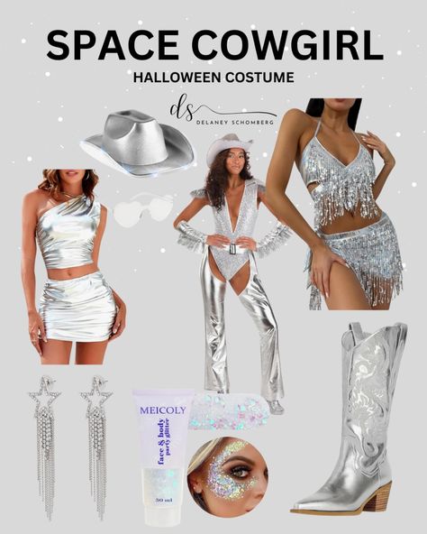 Trendy Halloween costume Glittery Halloween Costumes, Sparkle Halloween Costumes, Silver Halloween Costume Ideas, Halloween Costumes Space Cowgirl, Silver Costume Ideas, Sparkly Halloween Costume, Space Cowgirl Costume Halloween, Space Cowgirl Outfits, Silver Halloween Costume