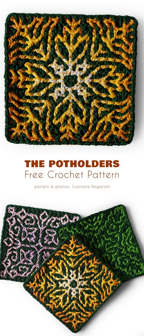 The potholder Crochet Mosaic, Crochet Potholder Patterns, Crochet Hot Pads, Mosaic Crochet, Crochet Potholders, Tapestry Crochet Patterns, Crochet Blocks, Crochet Decoration, Your Crochet