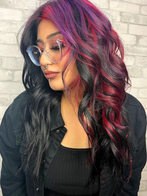 Bewitching ✨ Do you want beautiful hair like this? Come in and get your dream hair! Customized color service every time! Thinking about hair extensions? Book a consultation to find the right method for your life style. #haircolor #hairstylist #hairinspo #roseville #behindthechair #916stylist #hairextensions #haircut #newhairwhodis #pureology #lorealprofesaional #916hair #haircolorist #rosevillestylist #booknow #bellami #redken #hair #redhair #vividhaircolor #pulpriot #MermaidHair Half Burgundy Half Black Hair, Magenta Hair With Blonde Money Piece, Color Blocking Hair Ideas, Red And Blonde Split Dye, Red And Purple Split Dye, Colorful Hair Dye Ideas, Vivid Hair Color Placement, Split Dyed Hair Underneath, Split Hair Color Ideas