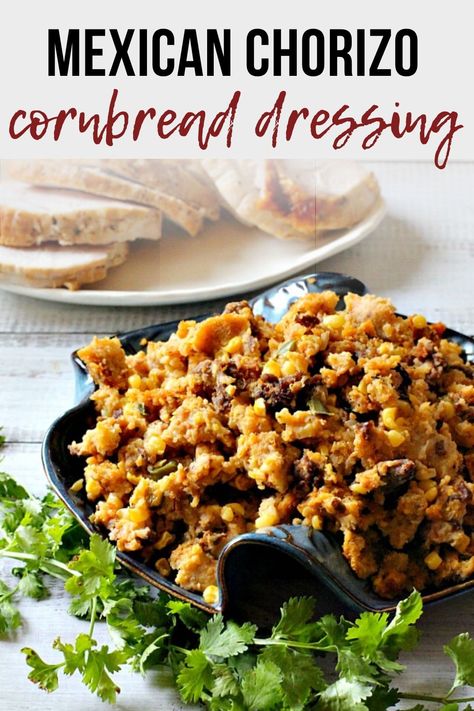 Easy homemade cornbread dressing recipe. A thanksgiving dressing recipe that adds a flavor of fiesta to the meal? This Chorizo Sausage stuffing with jalapenos is a great recipe for a Mexican themed holiday meal. Make this for a traditional Thanksgiving side dish or serve it year round with steaks, chicken or pork. Mexican Stuffing Thanksgiving, Chorizo Dressing, Easy Cornbread Dressing Recipe, Chorizo Cornbread, Thanksgiving Dressing Recipe, Recipe With Chorizo, Mexican Thanksgiving, Easy Cornbread Dressing, Sausage Dressing