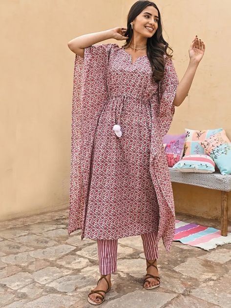 Buy Mauve Pink Printed Cotton Kaftan with Pants- Set of 2 | GC-SET-0668-0368Mauve/GC30APR | The loom Kaftan Kurti Designs, Kaftan Short Kurti, Casual Pink Floral Print Kaftan, Kaftan And Pants, Festive Pink Kaftan With Printed Motifs, Kaftan Kurti, Kaftaan Co-ord Set, Festive Floral Print Floor-length Kaftan, Cotton Kaftan Dress