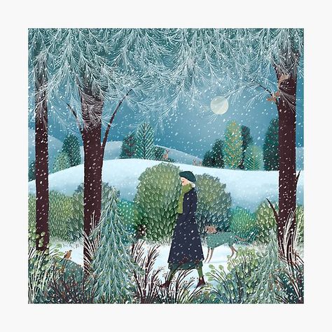 A silver haired lady walking her dog through a snowy landscape, by the light of the silvery moon • Millions of unique designs by independent artists. Find your thing. Jane Newland, Tolkien Art, Inspirational Illustration, Snow Art, Dog Walk, Have A Lovely Weekend, Tableau Art, Winter Art, Naive Art