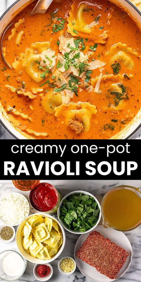 Creamy One Pot Ravioli Soup, Easy Ravioli Soup, One Pot Ravioli Soup, Tomato Ravioli Soup, Lasagna Soup With Ravioli, Ravioli Recipe Soup, Frozen Ravioli Soup, Easy Soup Ideas For Dinner, Healthy Ravioli Recipe Dinners