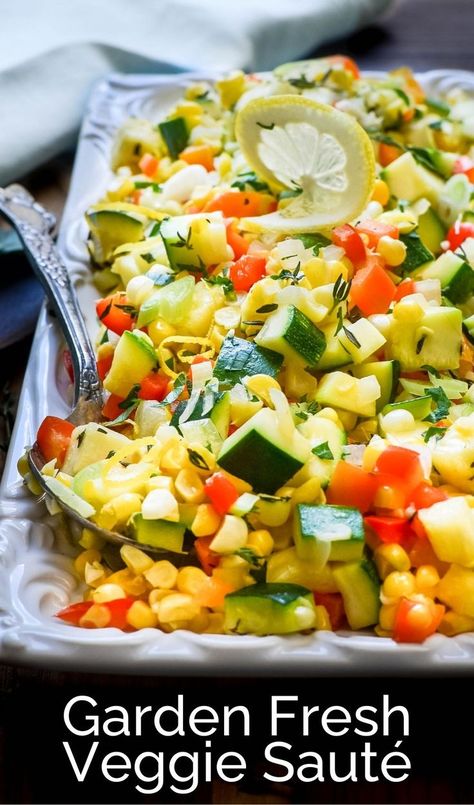 a platter of veggie saute. Summer Vegetable Medley, Corn Medley Recipe, Zucchini And Corn Recipes, Corn Medley, Confetti Corn, Fresh Corn Recipes, Succotash Recipe, Summer Side Dishes Recipes, Corn Zucchini