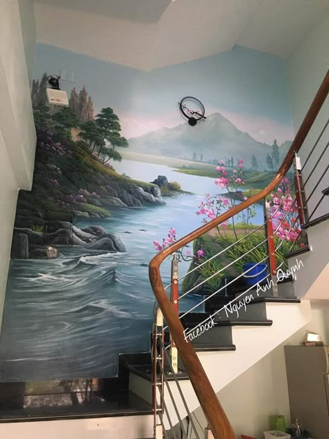 3d Wall Art Sculpture, Beautiful Wall Painting, Staircase Art, Idea Bedroom, Living Room Decor On A Budget, 3d Wall Painting, Room Decoration Ideas, Room Decor Living Room, Staircase Wall