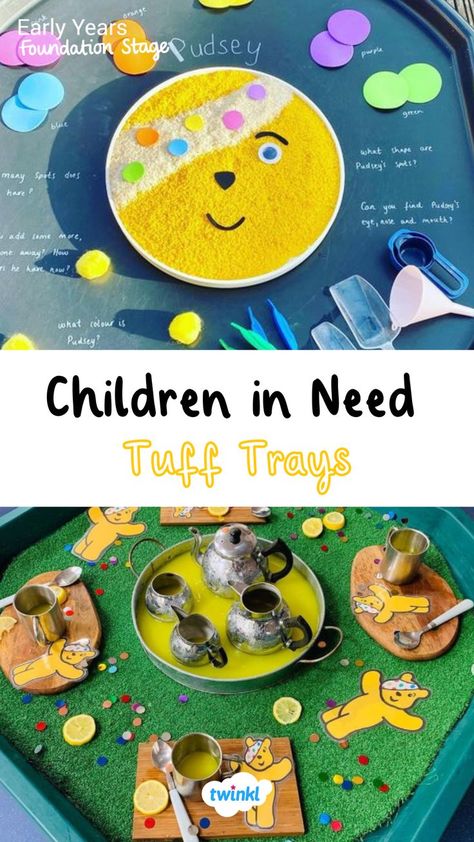 Children in need tuff tray ideas eyfs! Practice those fine motor skills or explore mathematics and get creative! Click on the pin for more children in need resources. Special thanks to @amys_childminding @dreamcatchers_parkgate Children In Need Preschool Activities, All About Me Tuff Tray Ideas Eyfs, Pudsey Bear Tuff Tray, Children In Need Eyfs Activities, Preschool Activities Eyfs, Children In Need Tuff Tray, Eyfs Transport Activities, Children In Need Crafts, Children In Need Activities Pudsey