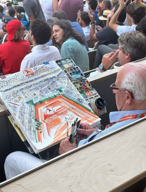 during most anticipated tennis clash of 2023 between Novak Djokovic and Carlos Alcaraz at Roland Garros, an artist was unknowingly pictured painting the court and spectators while the match was ongoi… Tennis Picture Ideas, Carlos Alcaraz Roland Garros, Match Painting, Tennis Painting, Alcaraz Tennis, Artist Lifestyle, Tennis Art, Carlos Alcaraz, Art People