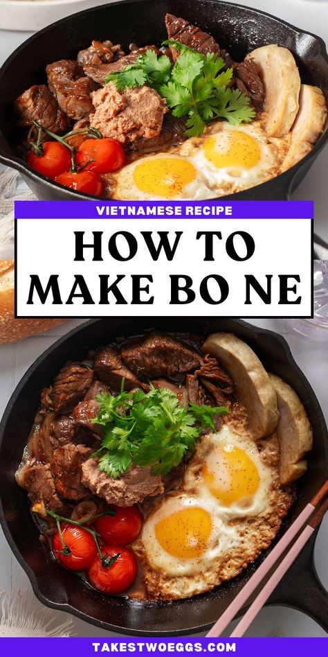 Bo ne, or Vietnamese steak and eggs, is a delicious Vietnamese breakfast dish that showcases a delicious fusion of Vietnamese and French flavors. This one pan recipe is great when you're savoring a comforting breakfast recipe. Viet Namese Recipes, Bo Ne Vietnamese Recipe, Vietnamese Breakfast Recipes, Vietnamese Recipes Dessert, Authentic Vietnamese Recipes, Vietnamese Recipes Authentic, Vietnamese Food Traditional, Vietnamese Steak, Breakfast Steak And Eggs