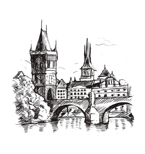 Vintage Pencil Drawings, Vienna Drawing, Prague Sketch, Prague Tattoo, Europe Drawing, Prague Painting, Black Pen Sketches, Bridge Drawing, Cityscape Drawing