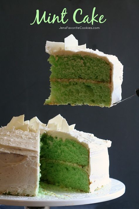 Mint Cake with Vanilla Buttercream from JensFavoriteCookies.com - This green mint cake is dense and flavorful! Minty Desserts, Mint Cake, Green Mint, Chocolate Shavings, Vanilla Buttercream, Cake Cake, Food Cakes, Favorite Cookies, Homemade Cakes