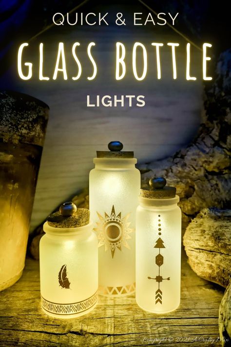 Diy Lamp From Glass Bottle, Bottles With Lights Inside Diy, Bottle Lights Ideas, Bottle Lights Diy, Bottles With Lights Inside, Glass Bottle Lights, Frosted Glass Paint, Bottle Fairy Lights, Glass Spray Paint