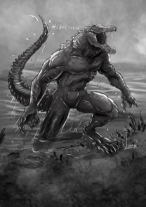 Crocodile Monster Art, Werecrocodile Art, Alligator Oc, Werewolf Art, Bio Art, Fantasy Beasts, Monster Concept Art, Fantasy Races, Animal Sketches