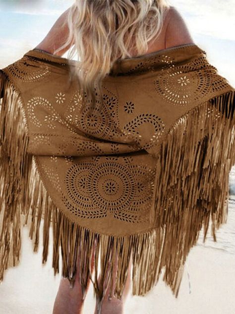 Plain Tassel Hollow Cover-Up Mode Coachella, Hippie Styles, Coachella 2016, Hobo Chic, Boho Chique, Black Tees, Fringe Shawl, Fringe Kimono, Bohemia Style