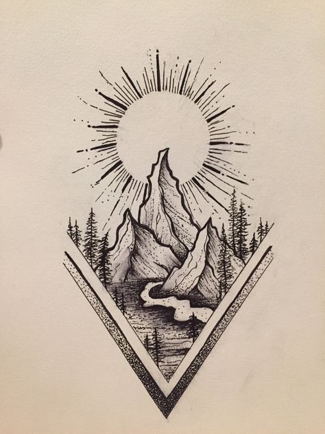 Mountain In Triangle Tattoo, Mountain Tattoo With Cross, Realistic Mountain Tattoo Design, Geometric Landscape Tattoo, Moon Tattoos For Men, Geography Tattoo, Cliff Tattoo, Cool Nature Tattoos, Scenic Tattoo